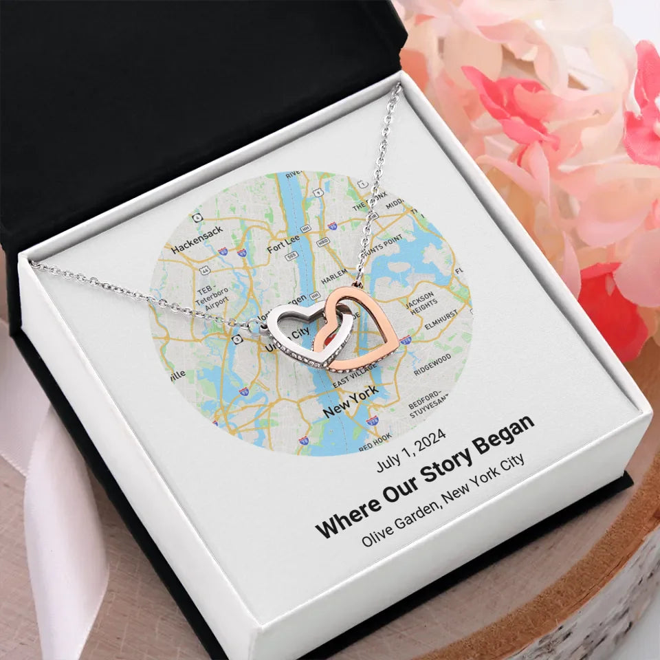 Interlocking Hearts Necklace with Personalized Street Map Card