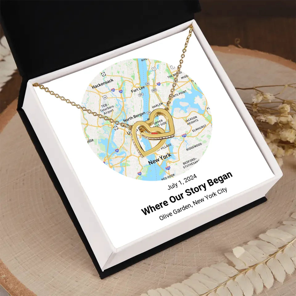 Interlocking Hearts Necklace with Personalized Street Map Card